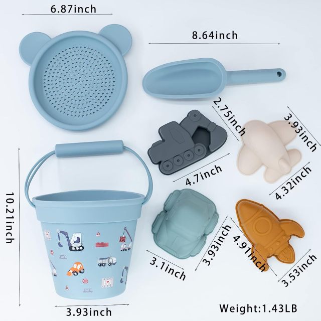 Silicone Beach Toys Sand Toys Beach Bucket with Sand Sifters Lid 4 Sand Molds Shovels Sandbox Toys Travel and Eco-Friendly Snow Toys Set for Baby Kids Toddlers