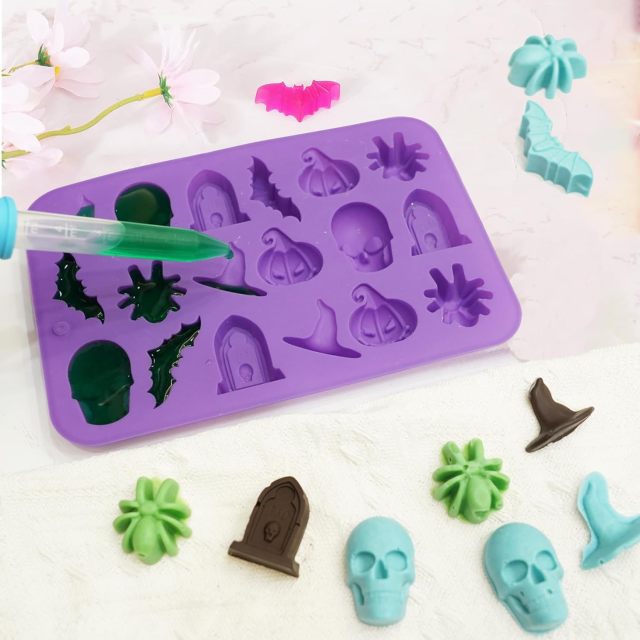 Halloween Molds Silicone for Chocolate 2 Pack, 3D Halloween Chocolate Candy Gummy Mold Skull Pumpkin Bat Ghost Witch Hat Spider tombstone Shapes Mold