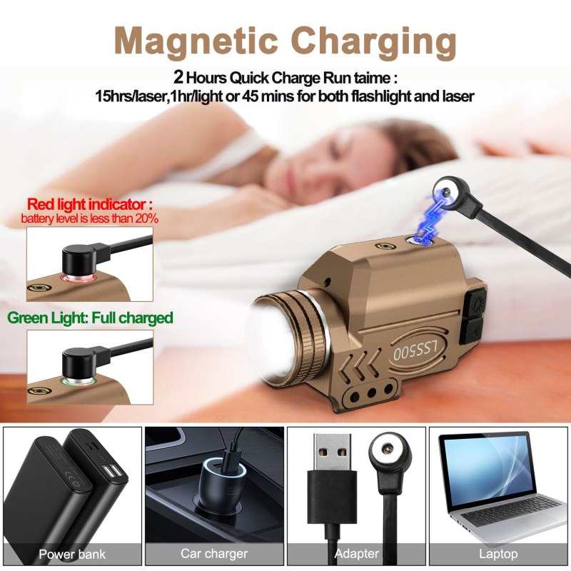 Magnetic Rechargeable 1000 Lumens Green Laser Sight Flashlight Combo for Pistol Strobe Weapon Light & Laser with Picatinny Rail