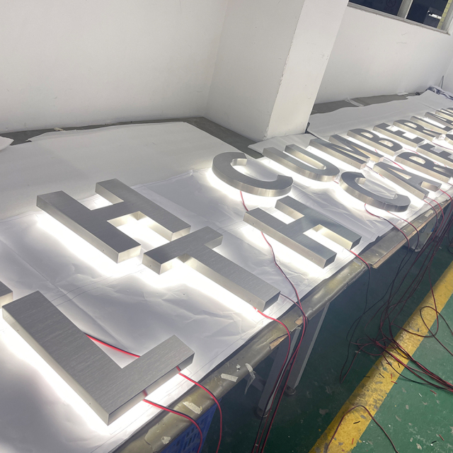 Brushed 3d stainless steel letters back illuminated signs for company name branding signs light
