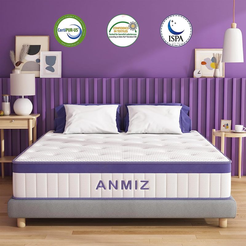 ANMIZ Twin Mattress, 10 inch Hybrid Mattress with Gel Memory Foam, Medium Firm Mattress Twin Size, Purple Mattress in a Box for Sleep Supportive &amp; Pressure Relief (39" X 75" X 10.5")