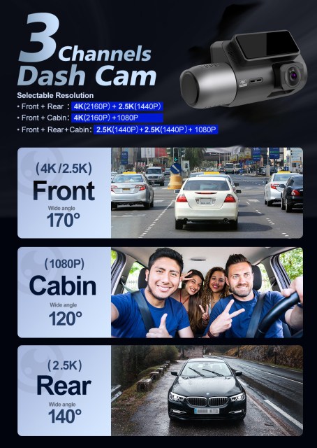 4K Car Dash Cam 24 Hour Recording Front Cabin and Rear wifi GPS Loop Recording Motion Sensor
