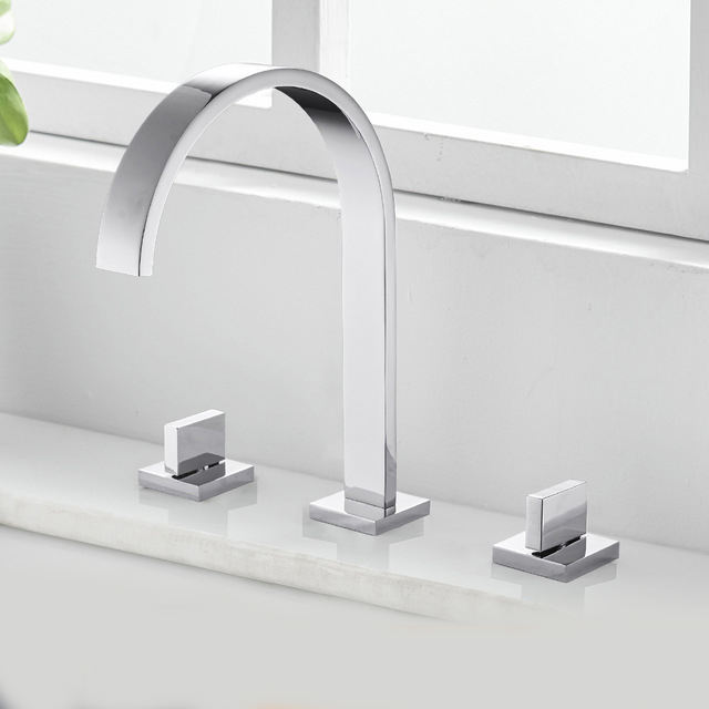Basin Faucet Brass Polished Black Deck Mounted Square Bathroom Sink Faucet 3 Hole Double Handle Hot & Cold Water Faucet