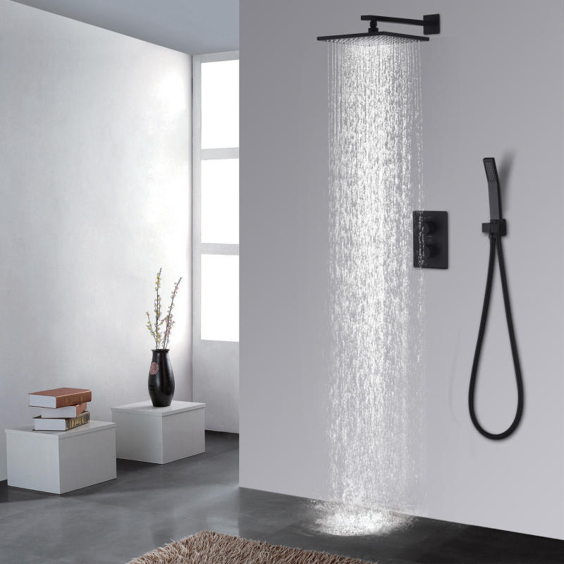 Black Rain Shower Set Bathroom Thermostatic Mixer Wall Mount 10inch Air Booster Rainfall Brass Shower System Head Save Water