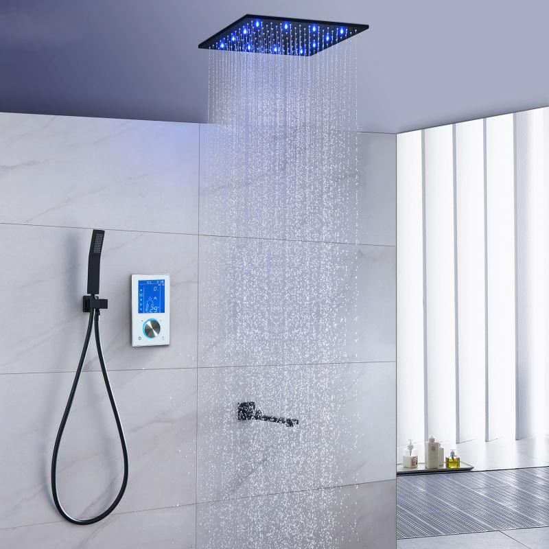 Luxury Thermostat 16 inch Shower System LCD Touch Screen Digital Display Black Large Shower Set 180 Degree Rotating Lower Shower Faucet