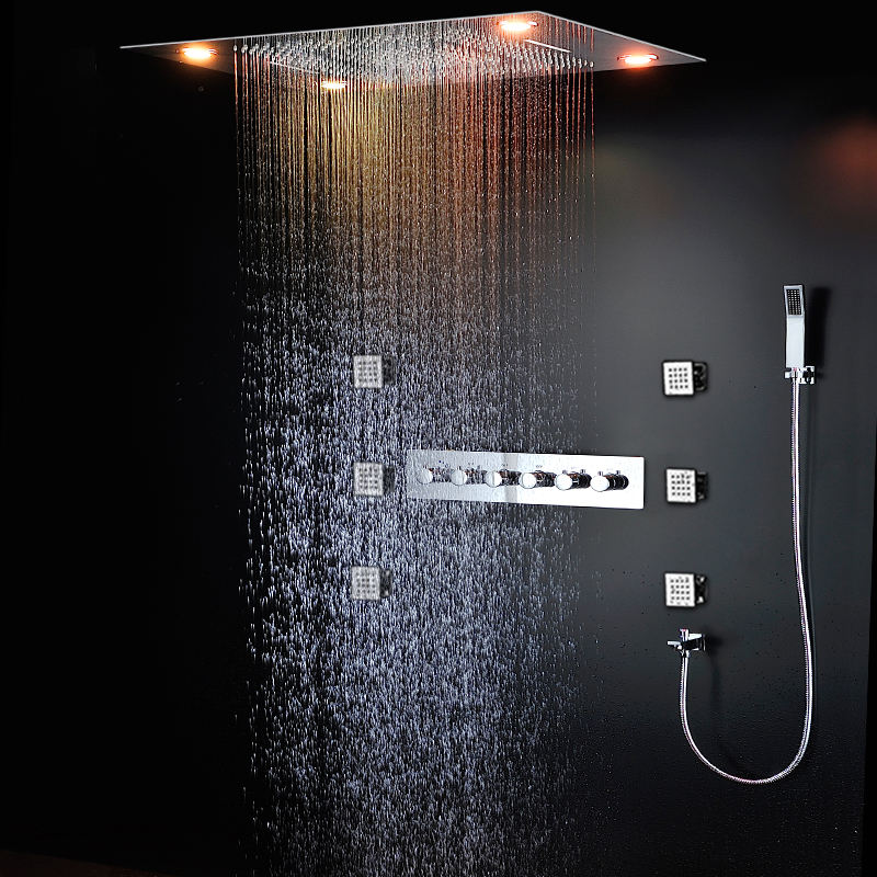 5 Functions Shower Set Modern Luxury European Style Large Thermostatic Mixer Waterfall Rainfall Bathroom Led Ceiling Shower Faucet