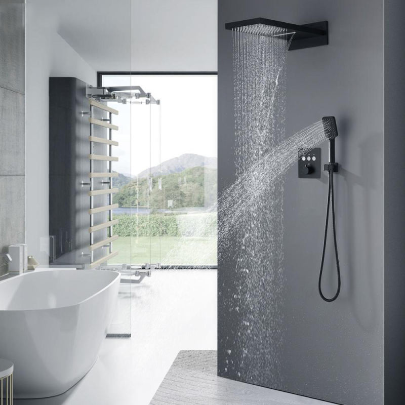 Black Button Touch Shower Set Hidden Embedded Wall Type Thermostatic Control Flying Rain Shower System