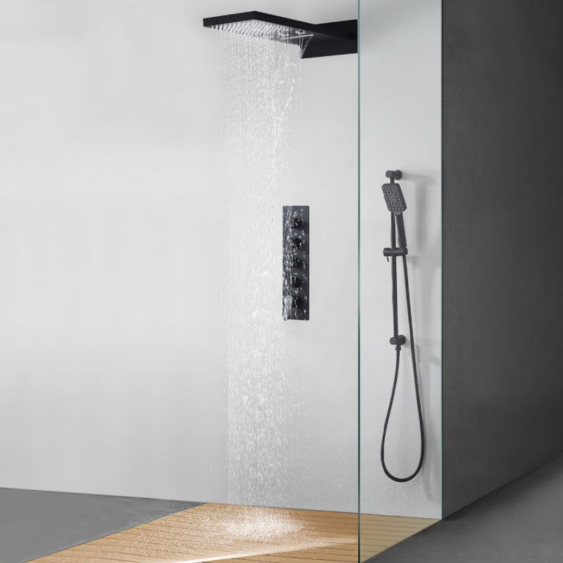 22 Inch Waterfall Rain Shower Sets Faucet Rotating Water Shower 4 Function Spa Waterfall Massage Bathroom Fixture Black Shower Set