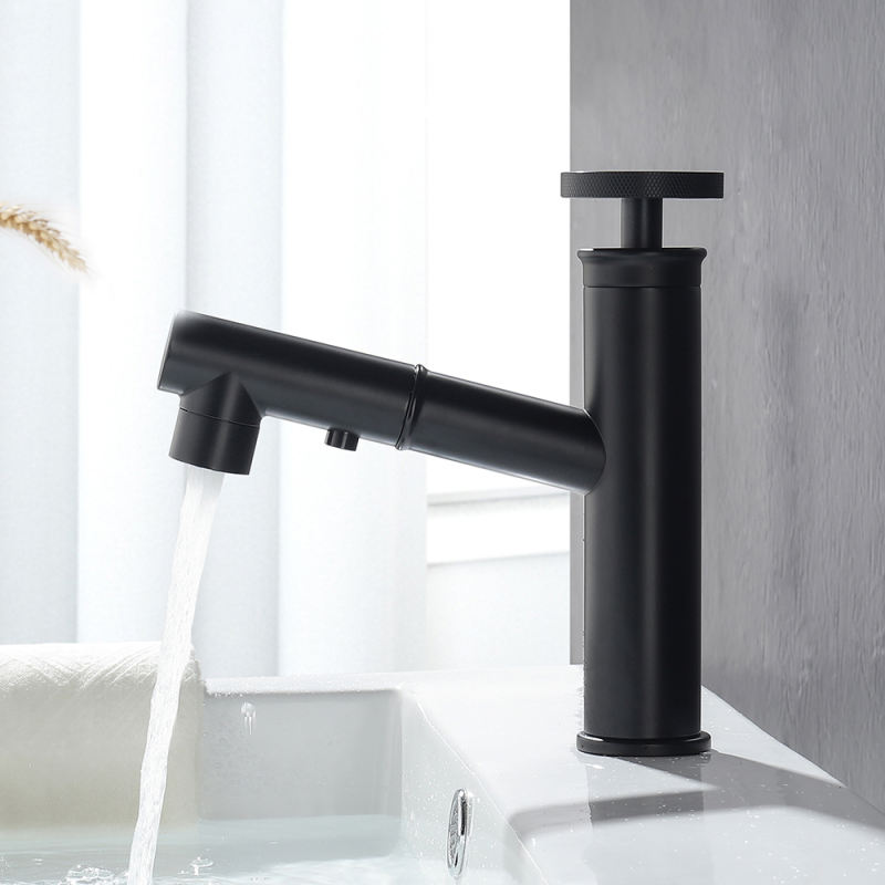 Industrial Sink Faucets Pull Out Matte Black Deck Mounted Hot And Cold Basin Bathroom Faucet