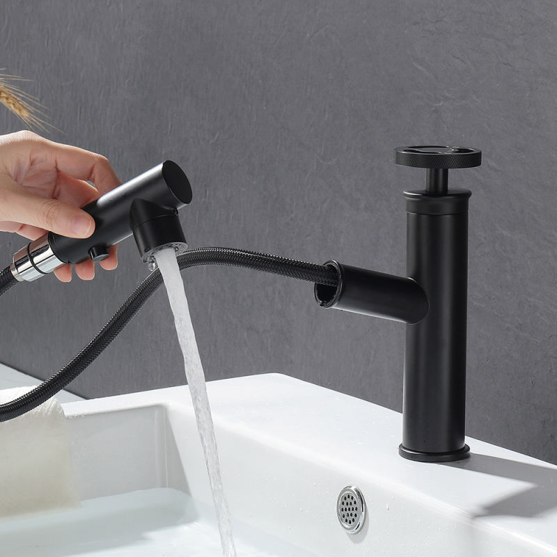 Industrial Sink Faucets Pull Out Matte Black Deck Mounted Hot And Cold Basin Bathroom Faucet