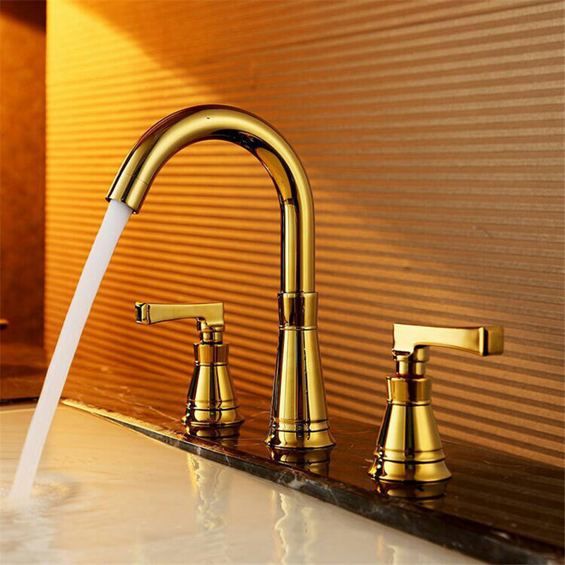 Bathroom large basin faucet gold brass sink mixer faucet cold hot double handle 3 hole deck mount