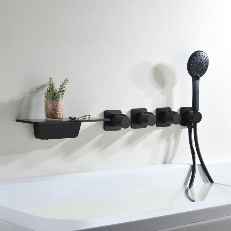 Black brass waterfall spout handheld nozzle hot and cold mixer three handles wall-mounted bathroom bathtub faucet