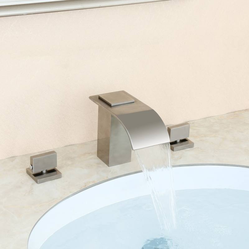 Sweethome Waterfall Modern Double Knob Handle Widespread Sink Faucet Solid Brass for Bathroom in Brushed Nickel
