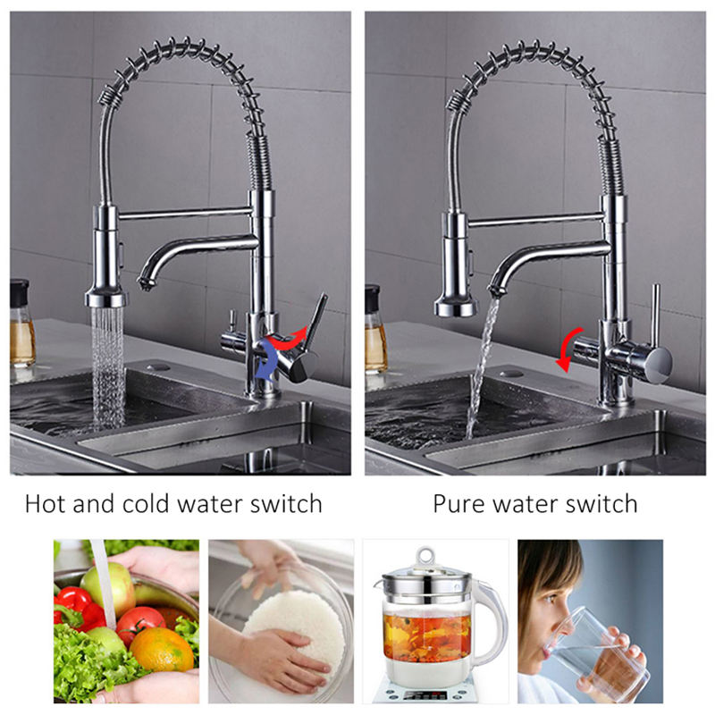 water filter pull down 360 degrees rotate hot and cold faucets brass kitchen taps