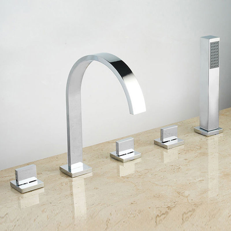 Bathtub faucet 5-piece square 5-hole faucet set with handheld shower in chrome finish