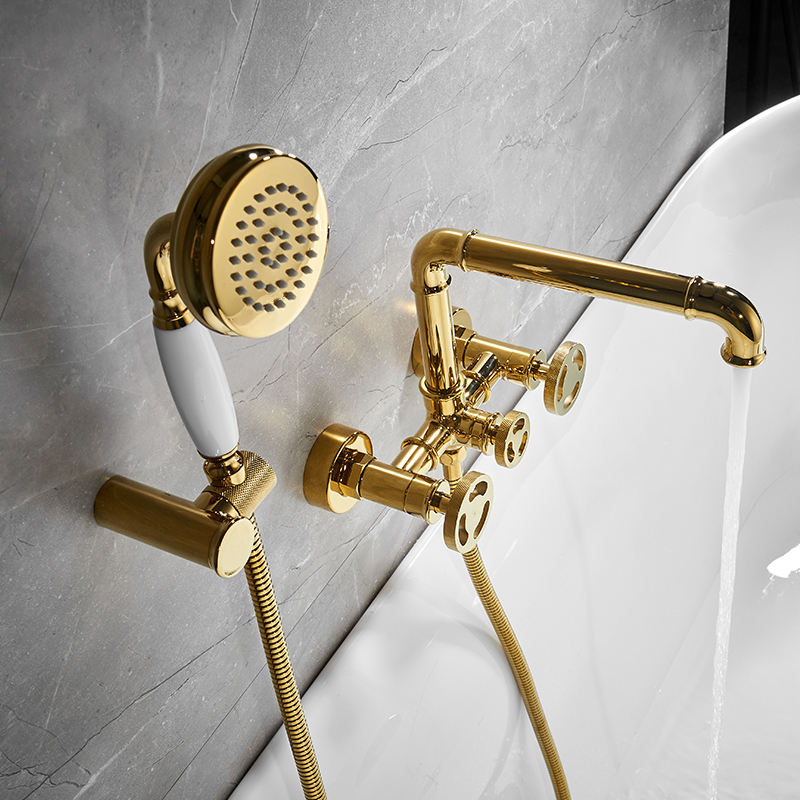 Industrial style gold bathtub Filler Faucet with Hand Shower Solid Brass