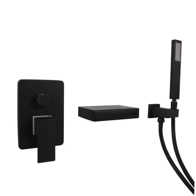 Contemporary Wall-Mount LED Waterfall Matte Black Bathtub Filler Faucet with Hand Shower Solid Brass