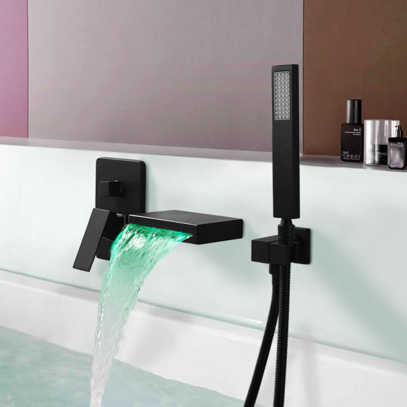 Contemporary Wall-Mount LED Waterfall Matte Black Bathtub Filler Faucet with Hand Shower Solid Brass