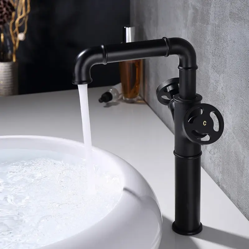 Industrial Pipe Bathroom Vessel Sink Faucet Matte Black 1-Hole 2-Handle Solid Brass
