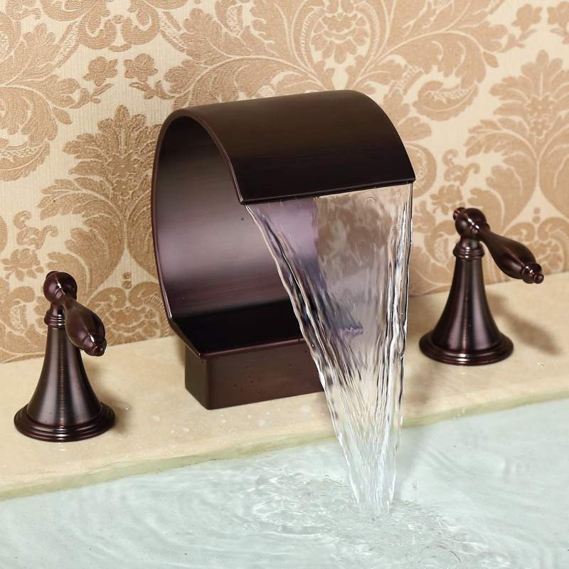 Waterfall Oil-rubbed Bronze Faucet High Arc Sink Faucet Bathtub Faucet Waterfall Spout Tub Filler Faucet Two Handles Three Holes