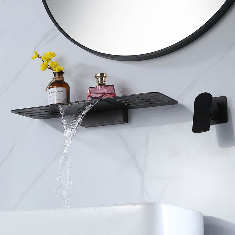 Waterfall Wall Mount Matte Black Single Handle Bathroom Sink Faucet Solid Brass