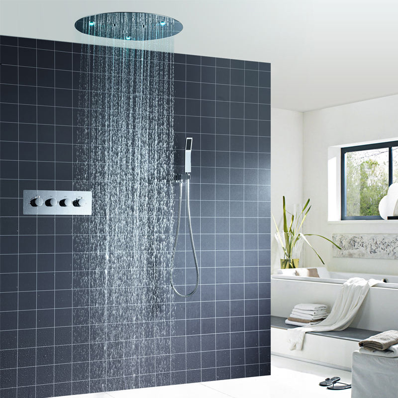 Polished chrome plated round LED shower head Shower system multifunctional thermostatic valve
