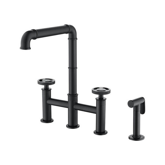 Industrial 2-Handle Centerset Kitchen Faucet with 1 Pull-out Sprayer Bridge-Shaped