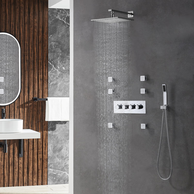 Wall Mounted Rainfall Showerhead Handheld Shower Set with Six Body Spray Jets Thermostatic Solid Brass