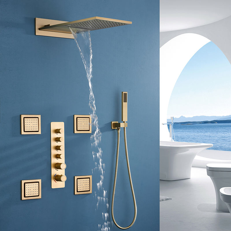 Waterfall Rain Shower System with 4 Body Sprays in Brush Gold