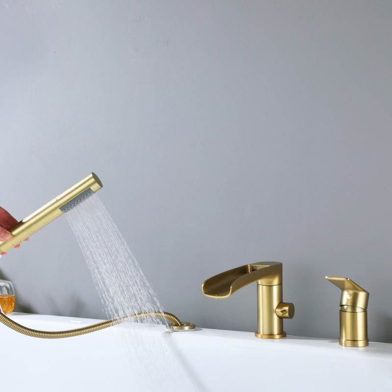 Waterfall Deck Mounted Tub Faucet With Handshower Brush Gold