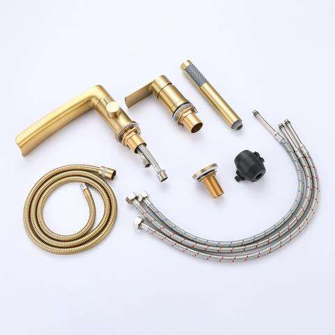 Waterfall Deck Mounted Tub Faucet With Handshower Brush Gold