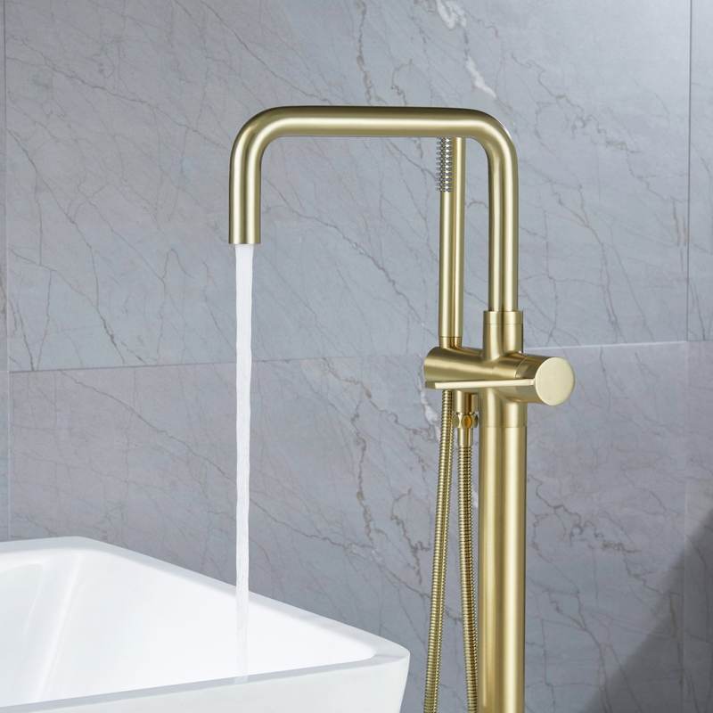 Freestanding Tub Faucet Floor Mounted Tub Filler with Handheld Shower Brushed Gold