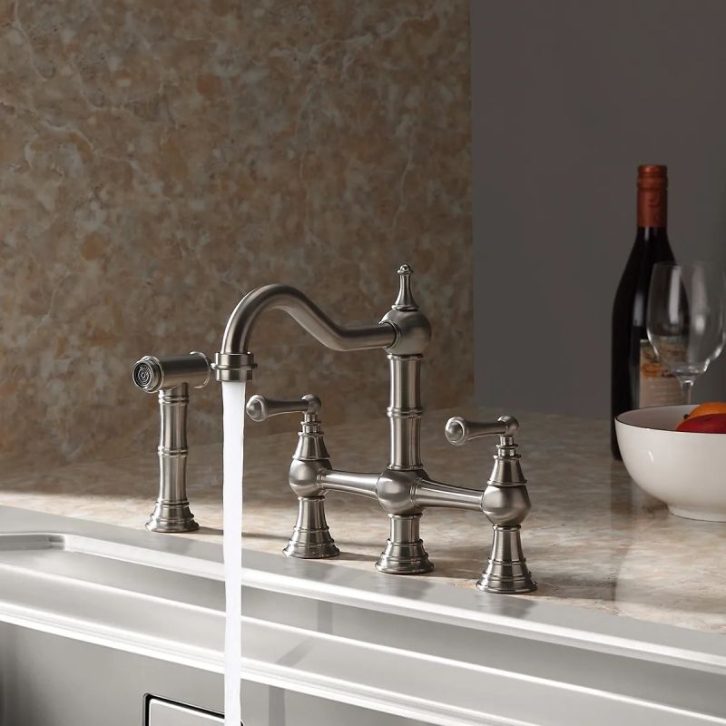 Brass Bridge Swiveling Spout Deck-Mounted Kitchen Faucet With Metal Cross Handles