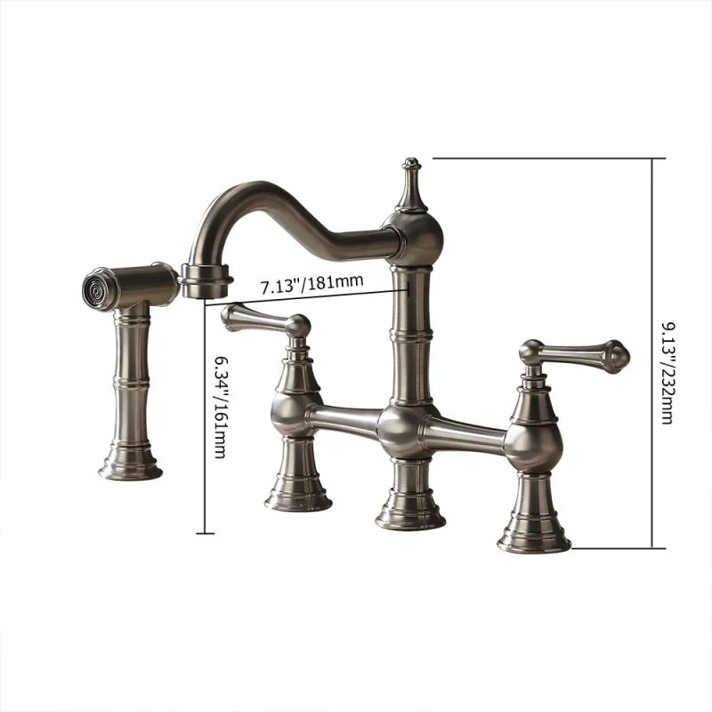 Brass Bridge Swiveling Spout Deck-Mounted Kitchen Faucet With Metal Cross Handles