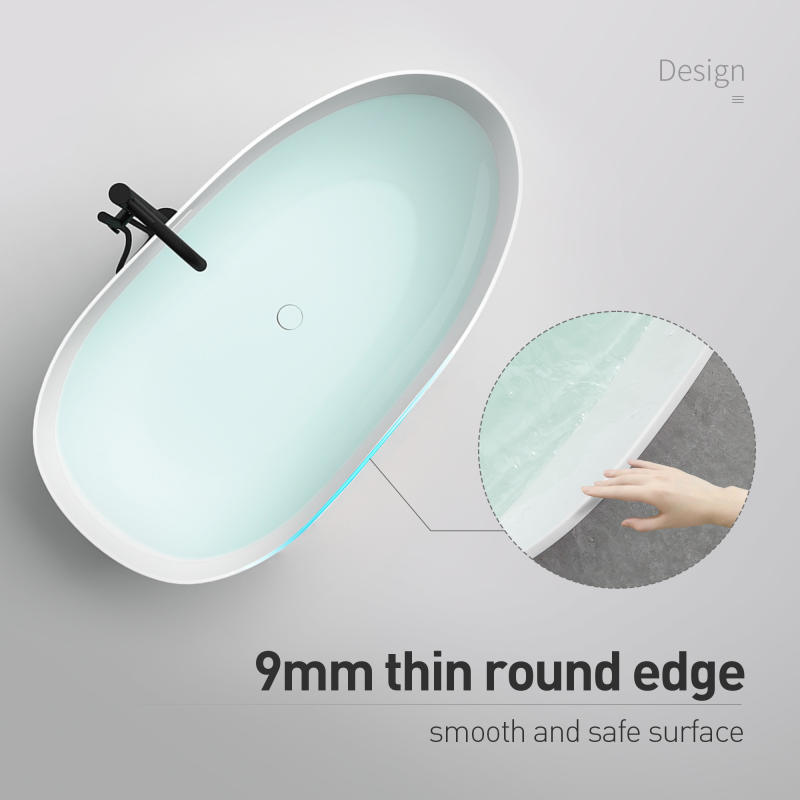 67 x 33.5 x 22.05 inch Flat bottom freestanding solid surface resin stone immersion bathtub soft white matte anti-skid