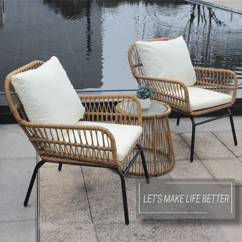 3PCS Outdoor Patio Balcony Natural Color Wicker Chair Set with Beige Cushion and Round Tempered Glass Table