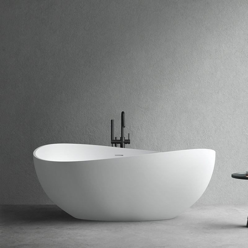 Contemporary Oval Freestanding Stone Resin Soaking Bathtub with Center Drain