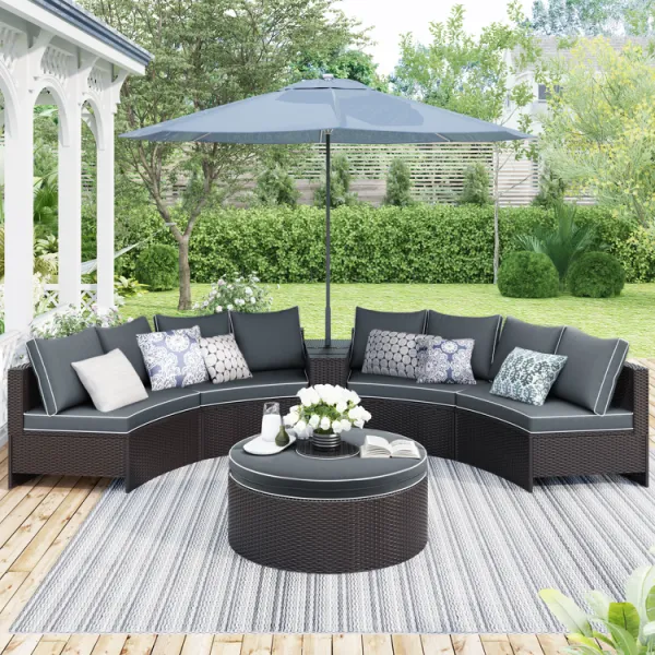 6 Pieces Outdoor Sectional Half Round Patio Rattan Sofa Set; PE Wicker Conversation Furniture Set w/ One Storage Side Table for Umbrella and One Multi