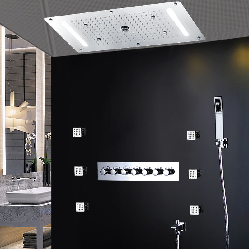 Wall-Mounted 380 X 700MM Shower Faucet System in Matte black Rainfall 5 Functions