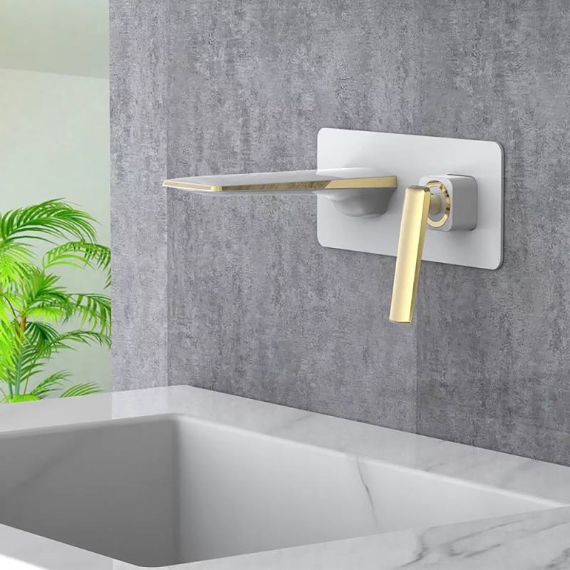 Contemporary Single Handle Wall Mounted Solid Brass Bathroom Sink Faucet