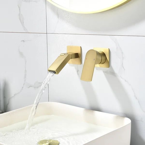 Wall Mounted Brushed Gold Waterfall Bathroom Sink Faucet with Swirling Spout