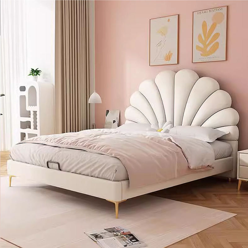 Bed Frame with Petal Shaped Headboard, Modern Upholstered Leather Platform Bed with Wood Slat Support for Kids' Room