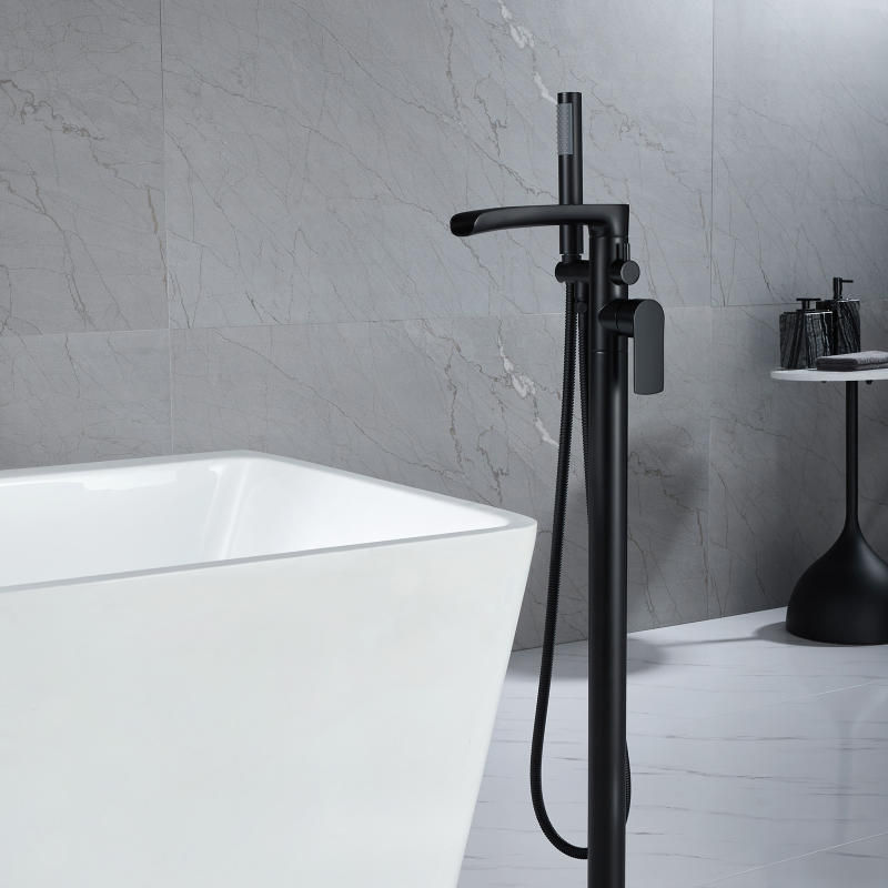 Single-Handle Freestanding Floor Mount Roman Tub Faucet Bathtub Filler with Hand Shower - Matte Black