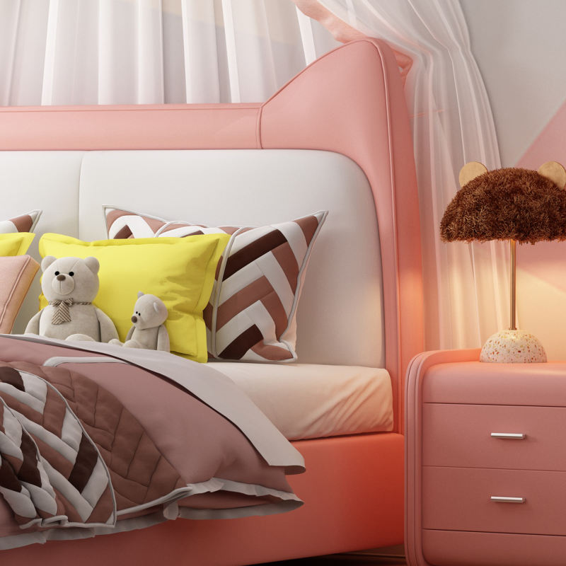 Cute Platform Frame Upholstered Bed with Rabbit Headboard PU Leather Platform Bed Frame.Designed for Baby Safety and Comfort, Children Love The Look