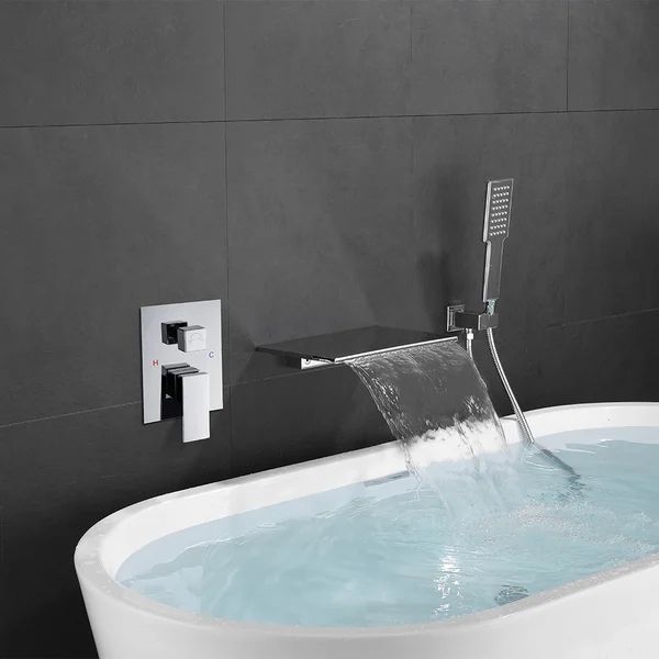 Waterfall Wall Mounted Tub Faucet with Handheld shower Modern Single Handle Tub Filler Solid Brass