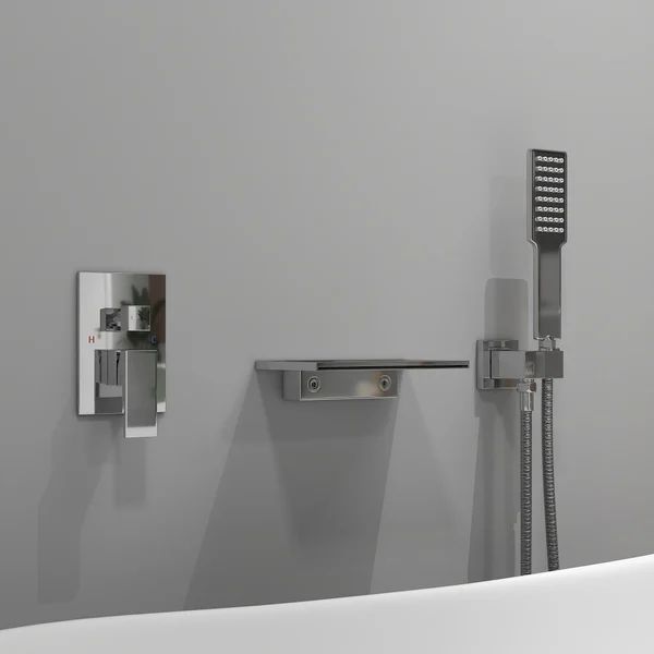 Waterfall Wall Mounted Tub Faucet with Handheld shower Modern Single Handle Tub Filler Solid Brass