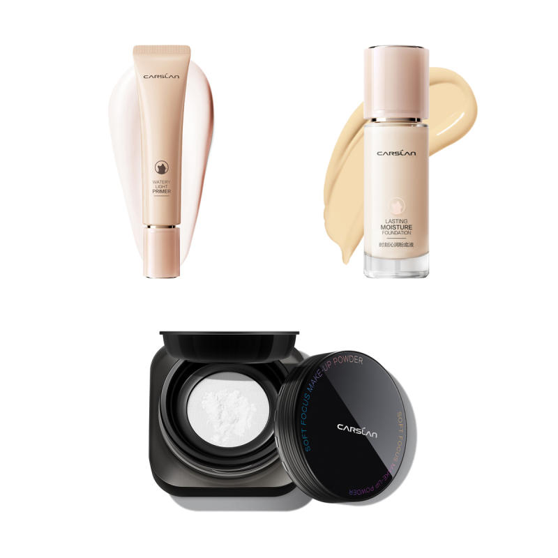 Bundle for Face: Poreless Face Primer for Foundation Makeup; Lasting Moisture Foundation, 24H Longlasting Medium Coverage Dewy Finish Face Makeup; Waterproof Loose Setting Powder with Puff, Matte, Oil Control