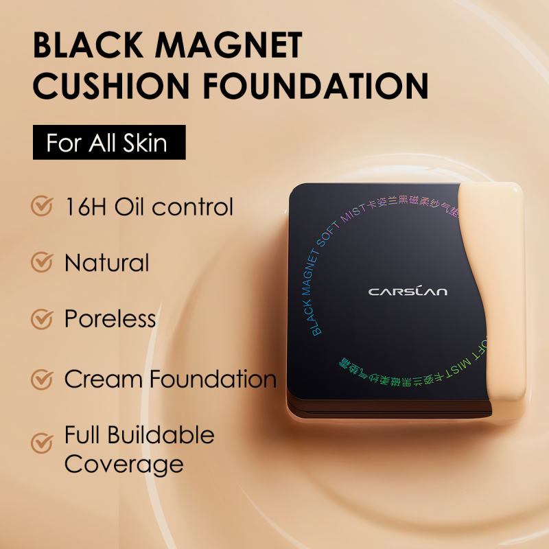 CARSLAN Black Magnet Cushion Foundation - Full Buildable Coverage, Moisturizing, Lightweight, 16H Long-Lasting Glow Looking, Refill Included