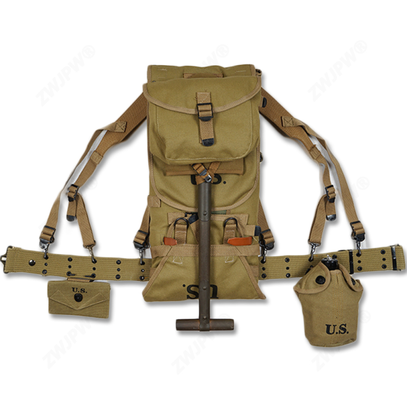 WW2 US ARMY EQUIPMENT M1928 BAG BELT FIRST AID KIT AND 0.8L KETTLE X- TYPE STRAPS SPADE