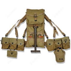 WW2 US ARMY EQUIPMENT M1928 BAG BELT FIRST AID KIT AND 0.8L KETTLE X- TYPE STRAPS SIX CELL POUCH SPADE